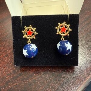 Avon “Star Spangled” dangle Gold and Blue Nautical clip Earrings NIB 1992